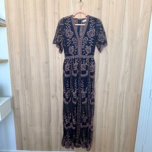 Altar'd State Embroidered Lace Maxi Dress S Navy Floral Mesh Boho Fairy Festival